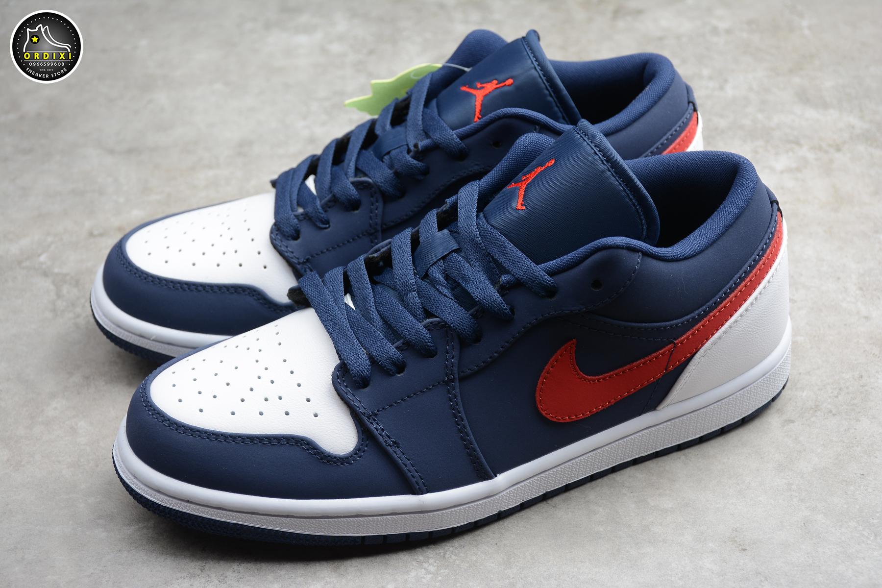 blue red and white jordan 1 low